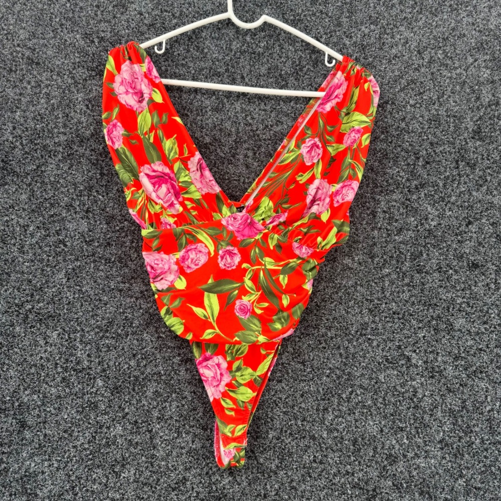 Zara Red Pink Floral Rose Plunge V-Neck Ruched Bodysuit Small